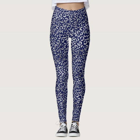 Navy Blue en Silver Leopard Print Leggings (Voorkant)