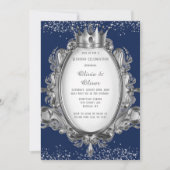 Navy Blue en Silver Lijst Glitter Royal Wedding Kaart (Voorkant)