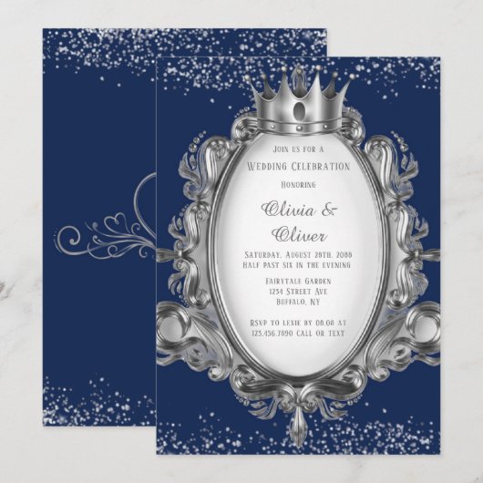 Navy Blue en Silver Lijst Glitter Royal Wedding Kaart (Voorkant / Achterkant)