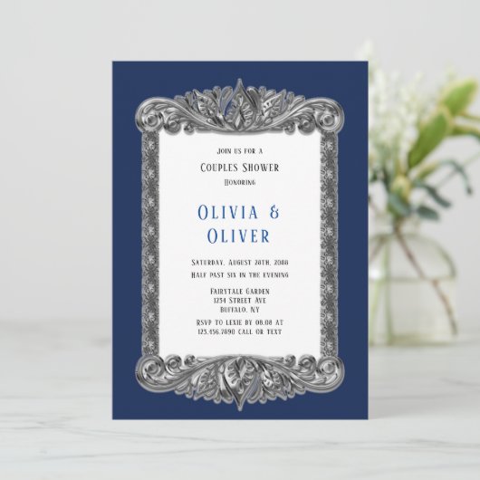 Navy Blue en Silver Lijst Royal Couples Shower Kaart (Staand voorkant)