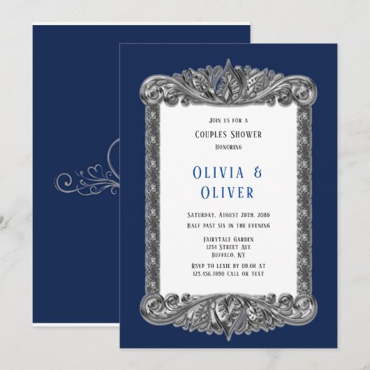 Navy Blue en Silver Lijst Royal Couples Shower Kaart (Voorkant / Achterkant)