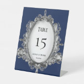 Navy Blue en Silver Lijst Wedding Table Numbers Reclamebord Met Voetstuk (Voorkant)