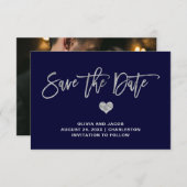 Navy Blue en Silver met hart | Foto terug Save The Date (Voorkant / Achterkant)