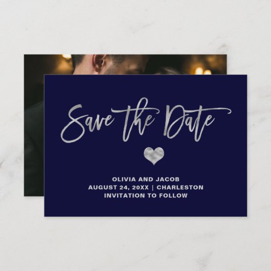 Navy Blue en Silver met hart | Foto terug Save The Date (Voorkant / Achterkant)