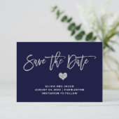 Navy Blue en Silver met hart Save The Date (Staand voorkant)