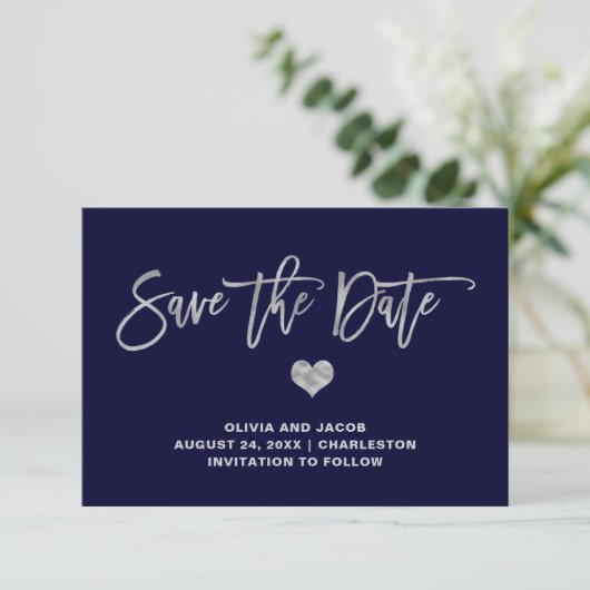 Navy Blue en Silver met hart Save The Date (Staand voorkant)