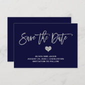 Navy Blue en Silver met hart Save The Date (Voorkant / Achterkant)