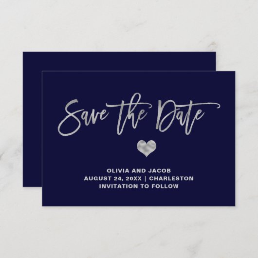 Navy Blue en Silver met hart Save The Date (Voorkant / Achterkant)