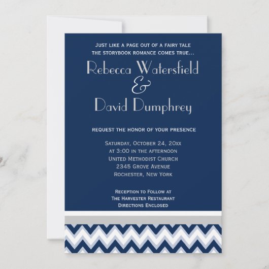 Navy Blue en Silver Mod Chevron Wedding Invitation Kaart (Voorkant)