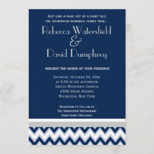 Navy Blue en Silver Mod Chevron Wedding Invitation Kaart