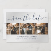 Navy Blue en Silver Modern Photo Collage Wedding Save The Date (Voorkant)