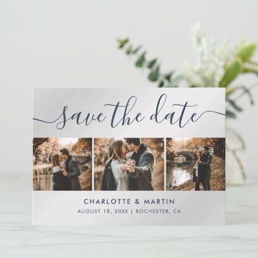 Navy Blue en Silver Modern Photo Collage Wedding Save The Date (Staand voorkant)