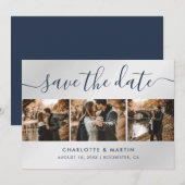 Navy Blue en Silver Modern Photo Collage Wedding Save The Date (Voorkant / Achterkant)