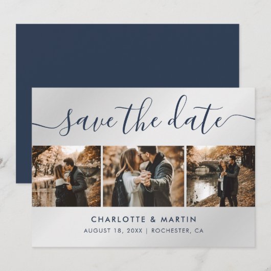 Navy Blue en Silver Modern Photo Collage Wedding Save The Date (Voorkant / Achterkant)