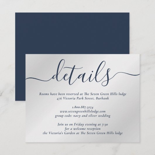 Navy Blue en Silver Modern Script Informatiekaartje (Voorkant / Achterkant)