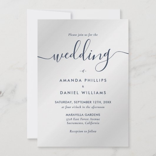 Navy Blue en Silver Modern Wedding Kaart (Voorkant)