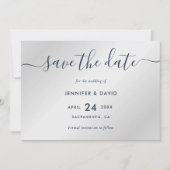 Navy Blue en Silver Modern Wedding Save The Date (Voorkant)