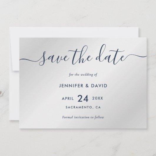 Navy Blue en Silver Modern Wedding Save The Date (Voorkant)