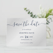 Navy Blue en Silver Modern Wedding Save The Date (Staand voorkant)