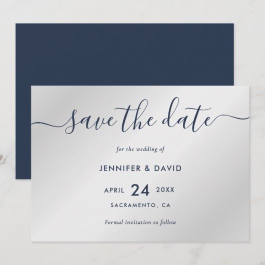 Navy Blue en Silver Modern Wedding Save The Date (Voorkant / Achterkant)