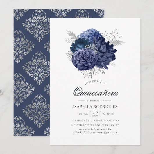 Navy Blue en Silver  Roos Quinceañera Kaart (Voorkant / Achterkant)