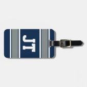 Navy Blue en Silver Sports Stripes Personalized Bagagelabel (Voorkant horizontaal)