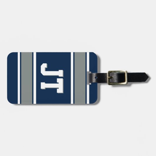 Navy Blue en Silver Sports Stripes Personalized Bagagelabel (Voorkant horizontaal)