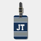 Navy Blue en Silver Sports Stripes Personalized Bagagelabel (Voorkant verticaal)