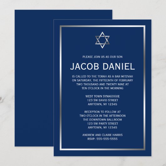 Navy Blue en Silver Star van David Bar Mitzvah Kaart (Voorkant / Achterkant)