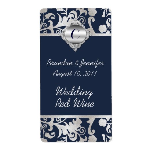 Navy Blue en Silver Tone Bruiloft Mini Wijn Labels (Voorkant)