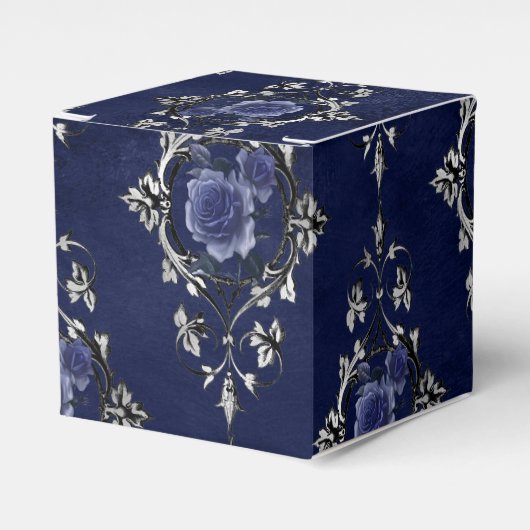 Navy Blue en Silver Victoriaans Floral Damask Bedankdoosjes (Voorkant Zijde)