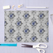 Navy Blue en Silver Victoriaans Floral Damask Tissuepapier (Craft)