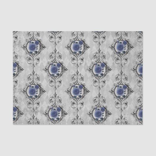 Navy Blue en Silver Victoriaans Floral Damask Tissuepapier (Voorkant)
