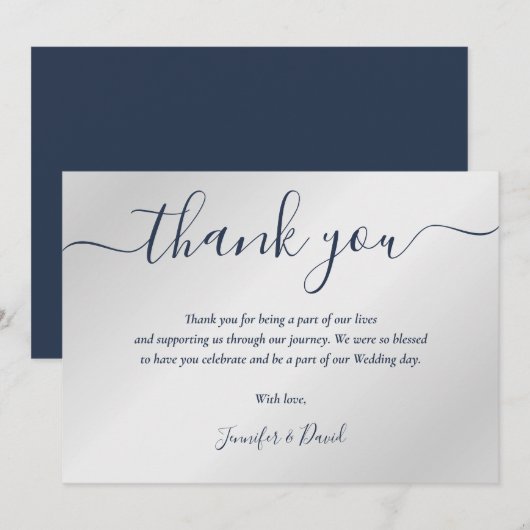 Navy Blue en Silver Wedding Bedankkaart (Voorkant / Achterkant)