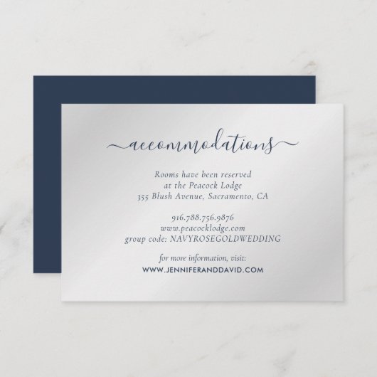Navy Blue en Silver Wedding Hotel Accommodatie Informatiekaartje (Voorkant / Achterkant)