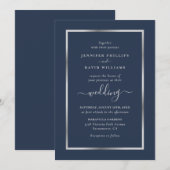 Navy Blue en Silver Wedding Kaart (Voorkant / Achterkant)