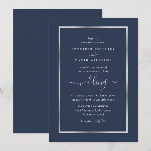 Navy Blue en Silver Wedding Kaart (Voorkant / Achterkant)