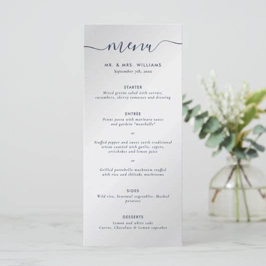 Navy Blue en Silver Wedding Menu (Staand voorkant)