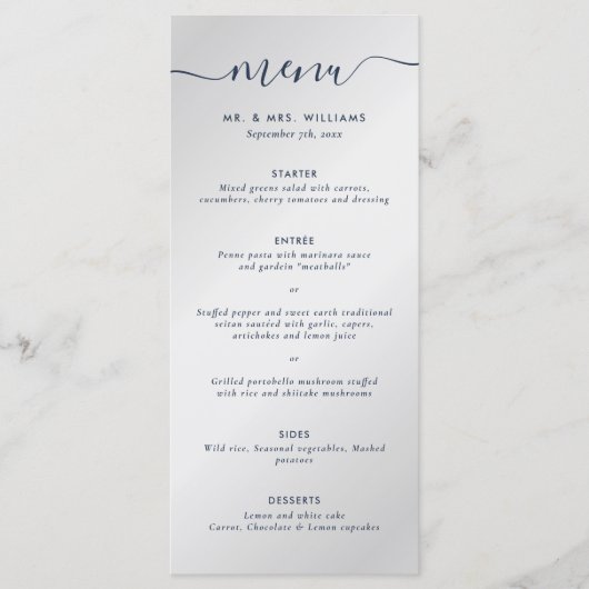 Navy Blue en Silver Wedding Menu (Voorkant)