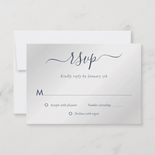 Navy Blue en Silver Wedding RSVP Kaartje (Voorkant)
