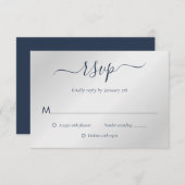 Navy Blue en Silver Wedding RSVP Kaartje (Voorkant / Achterkant)