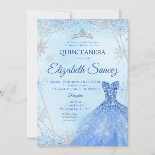 Navy Blue en Silver Winter Quinceanera Uitnodiging (Voorkant)