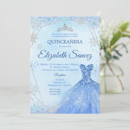Navy Blue en Silver Winter Quinceanera Uitnodiging (Staand voorkant)