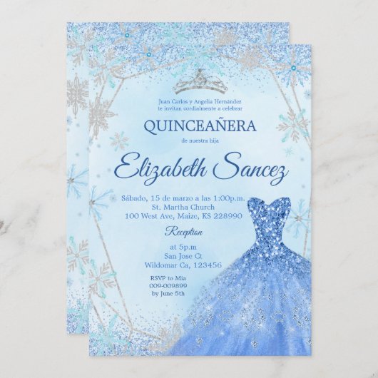 Navy Blue en Silver Winter Quinceanera Uitnodiging (Voorkant / Achterkant)