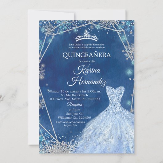 Navy Blue en Silver Winter Quinceanera Uitnodiging (Voorkant)