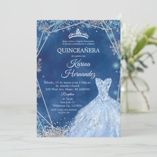Navy Blue en Silver Winter Quinceanera Uitnodiging (Staand voorkant)