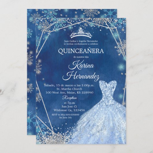 Navy Blue en Silver Winter Quinceanera Uitnodiging (Voorkant / Achterkant)