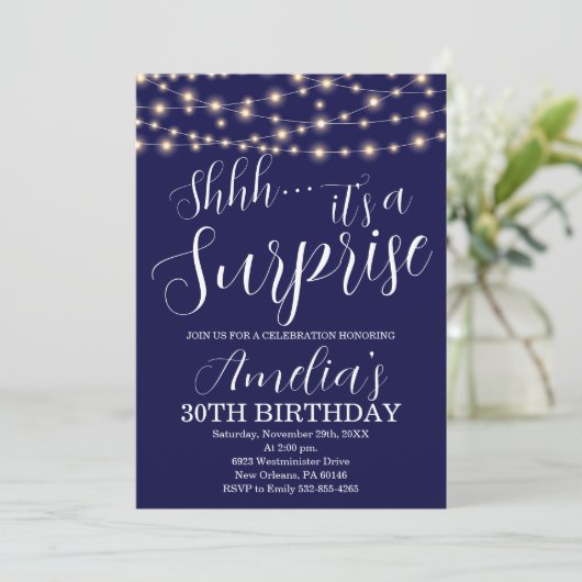 Navy Blue en String Light Verrassing Verjaardag Kaart (Staand voorkant)