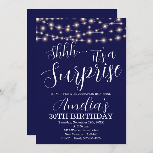 Navy Blue en String Light Verrassing Verjaardag Kaart (Voorkant / Achterkant)