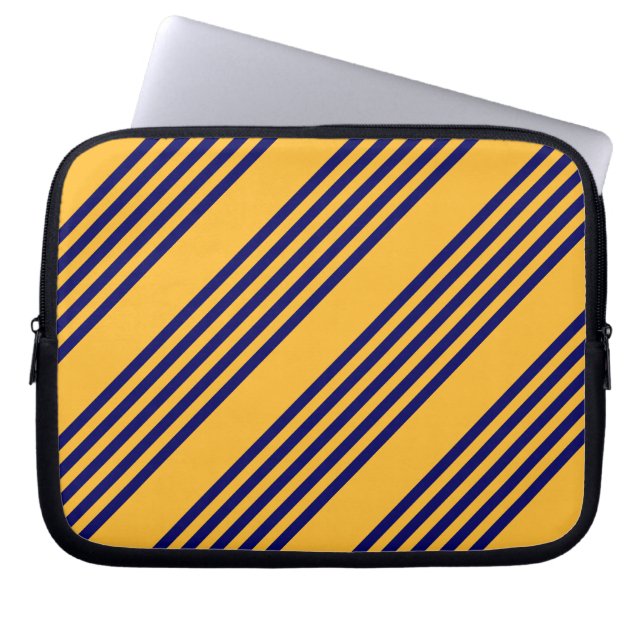 Navy blue en sunny yellow vijf strepenpatroon laptop sleeve (Voorkant)